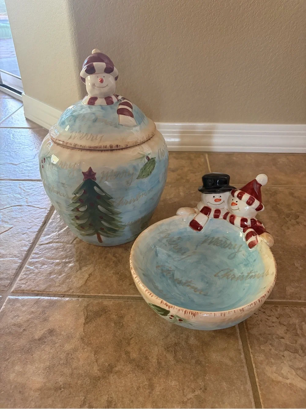 Christmas Holiday Snowman Ceramic Cookie Jar and Candy Bowl Set - LIKE NEW